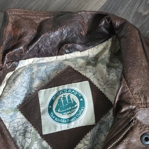 Men's Distressed Brown Leather Bomber Jacket with Flag Patch - Picture 9 of 13